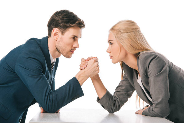 serious businesspeople arm wretsling isolated on white