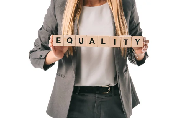 Cropped View Businesswoman Holding Alphabet Cubes Equality Word Isolated White — Stock Photo, Image