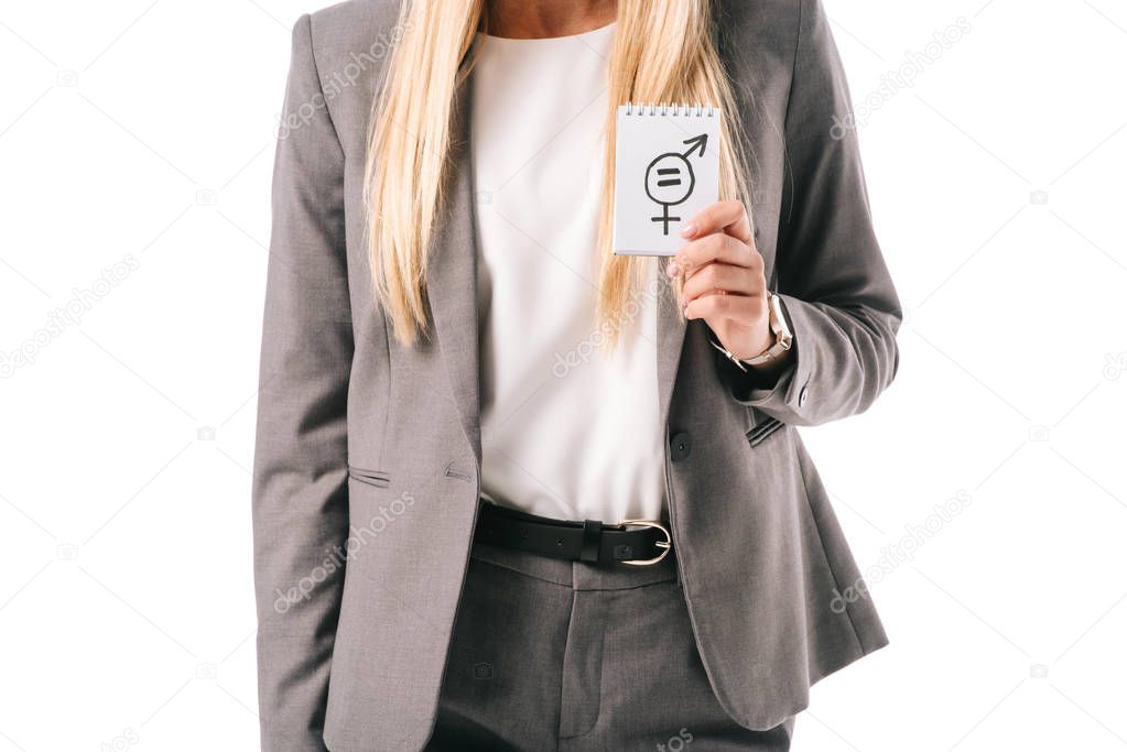 cropped view of businesswoman holding gender equality sign, isolated on white