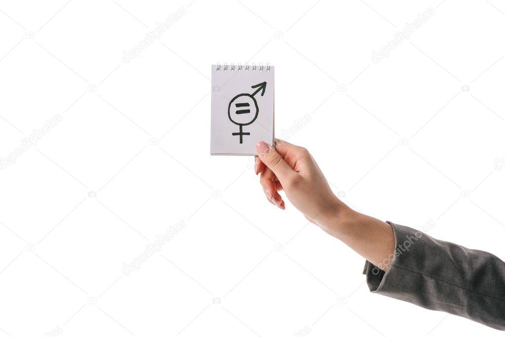 partial view of woman holding gender equality symbol, isolated on white