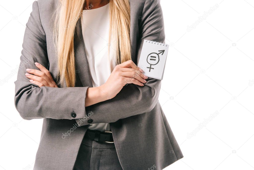 cropped view of businesswoman in suit holding gender equality sign, isolated on white