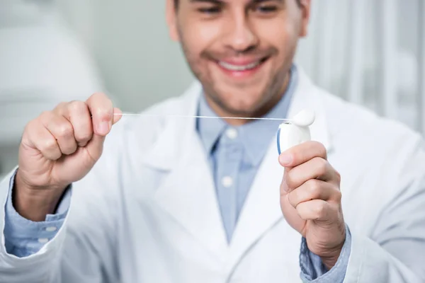 Selective Focus Dental Floss Hands Cheerful Dentist — Stock Photo, Image