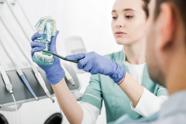 Selective Focus Beautiful Dentist Holding Teeth Model Showing How Brushing — Stock Photo, Image