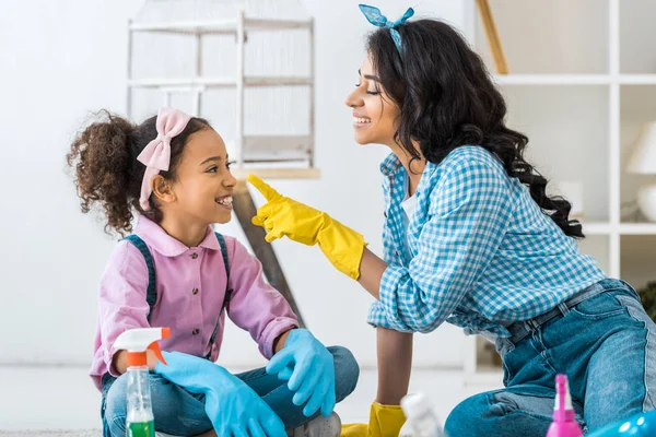 Cheerful African American Mother Yellow Rubber Gloves Touching Daughers Nose — Stock Photo, Image