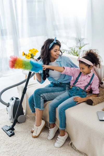 Cute African American Child Sitting Sofa Smiling Mother Holding Colorful — Stock Photo, Image