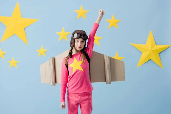 Cute Child Cardboard Wings Holding Fits Blue Starry Background — Stock Photo, Image