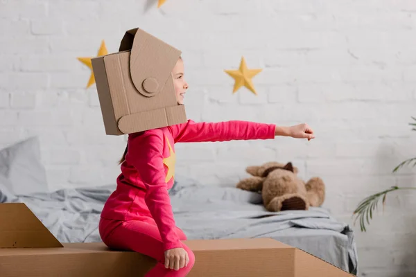 Side View Child Cardboard Helmet Holding Hand — Stock Photo, Image