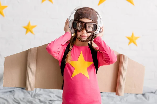 Kid Flight Helmet Goggles Listening Music Headphones — Stock Photo, Image