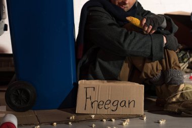 cropped view of homeless man sitting near trash container and holding corn cob clipart