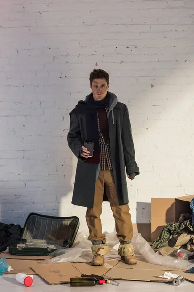 Homeless Man Standing Cardboard Holding Disposable Cup — Stock Photo, Image