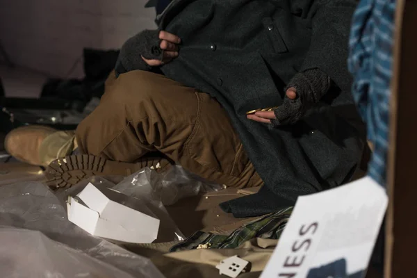 Partial View Homeless Beggar Man Getting Out Coins Pocket — Stock Photo, Image