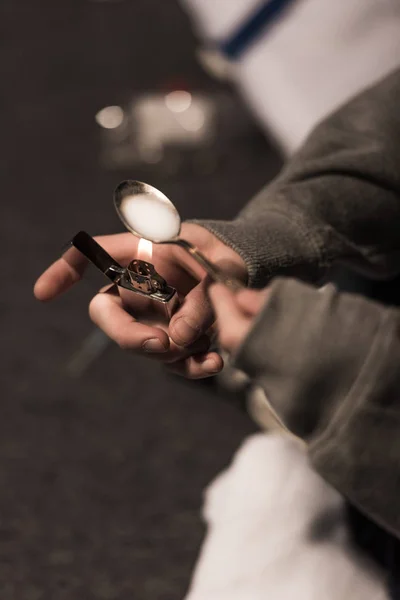 Selective Focus Junkie Man Boiling Heroin Spoon Lighter — Stock Photo, Image