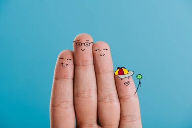 cropped view of cheerful fingers family isolated on blue clipart