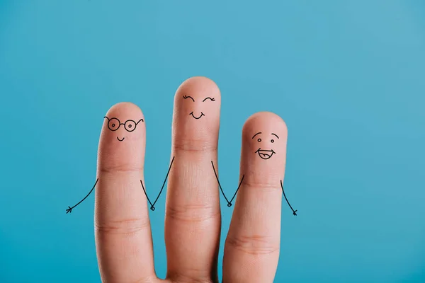 Vista Cortada Dedos Humanos Felizes Segurando Mãos Isoladas Azul — Fotografia de Stock