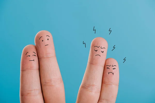 Cropped View Fingers Confused Angry Couples Isolated Blue — Stock Photo, Image