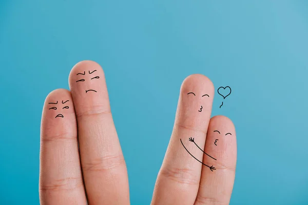 Обрізаний Вид Щасливих Незадоволених Пар Пальців Ізольовані Синьому — стокове фото