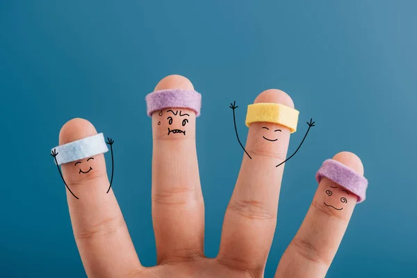 Cropped View Smiling Confused Sporty Fingers Headbands Isolated Blue — Stock Photo, Image