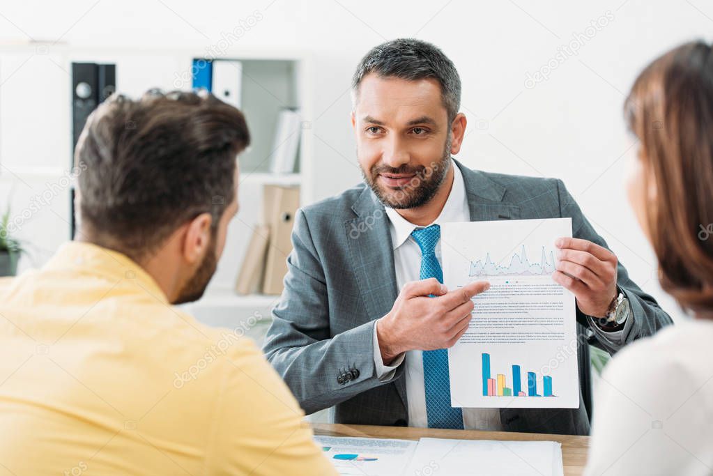selective focus of advisor sitting at table and pointing with finger at documents to investors in office