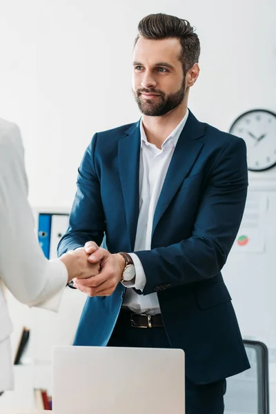 Handsome Advisor Suit Shaking Hands Investor Workspace — Stock Photo, Image