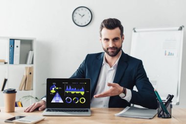 Laptop ekran oranı Web sitesi ile parmaklarıyla işaret takım elbiseli yakışıklı Danışmanı 