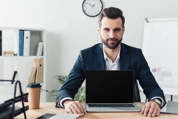 Handsome Advisor Suit Showing Laptop Blank Screen Office — Stock Photo, Image