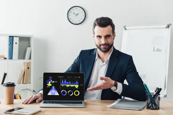 Conselheiro Bonito Terno Apontando Com Dedos Para Laptop Com Site — Fotografia de Stock