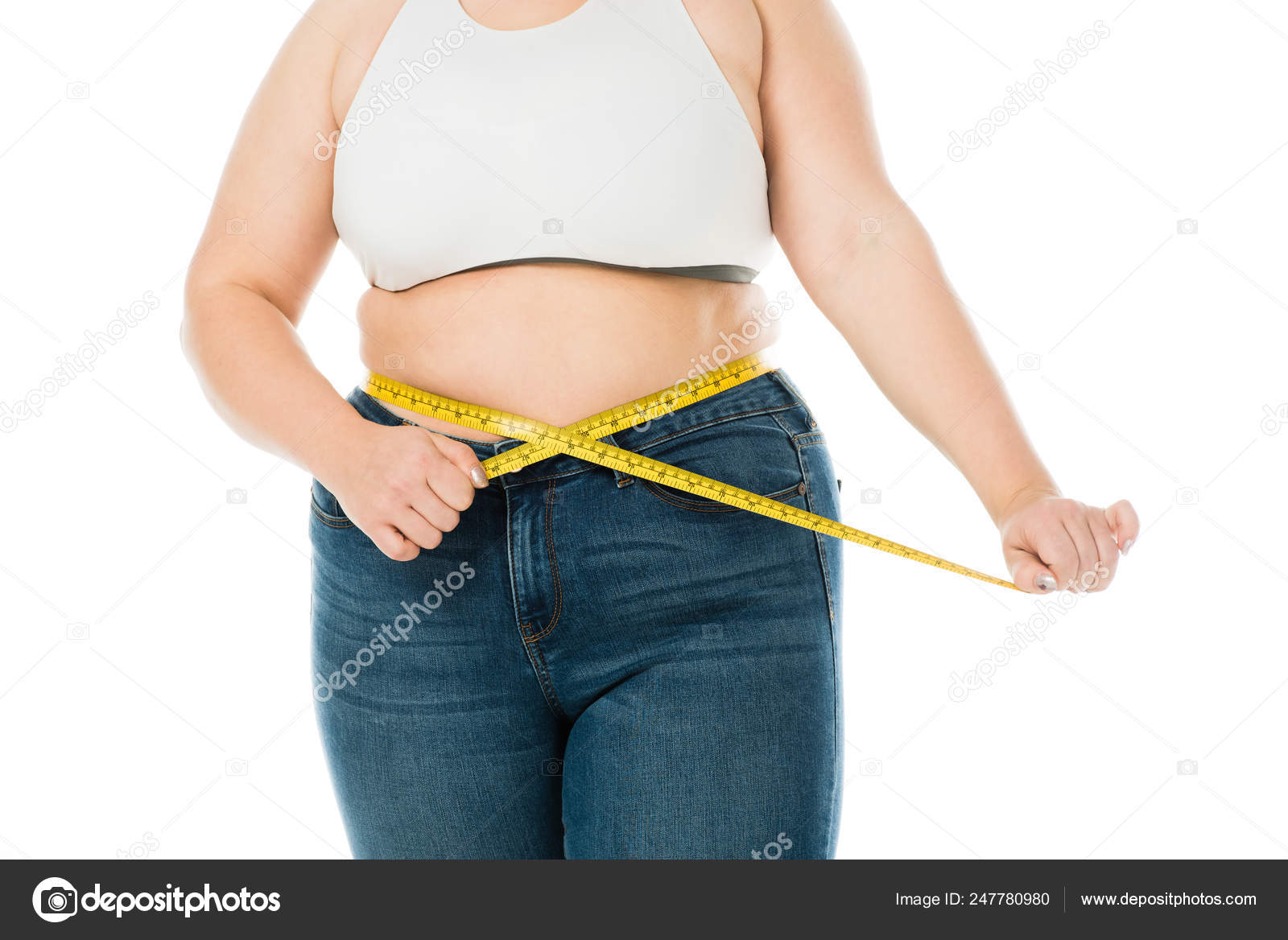 Cropped View Overweight Woman Jeans Measuring Waist Measuring Tape