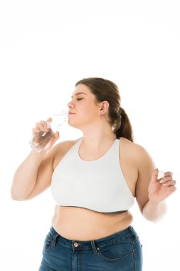 overweight woman drinking water from bottle isolated on white clipart