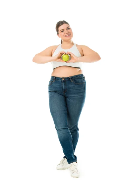 Feliz Sonriente Mujer Con Sobrepeso Sosteniendo Manzana Verde Aislado Blanco —  Fotos de Stock