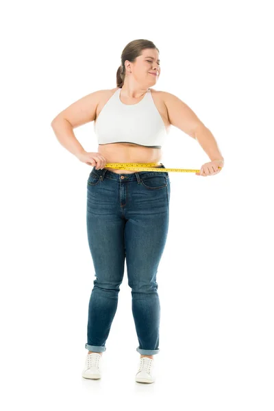 Sad Overweight Woman Closed Eyes Measuring Waist Isolated White — Stock Photo, Image