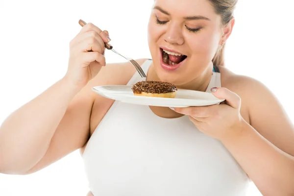 Mujer Con Sobrepeso Comiendo Donut Dulce Plato Aislado Blanco Concepto — Foto de Stock