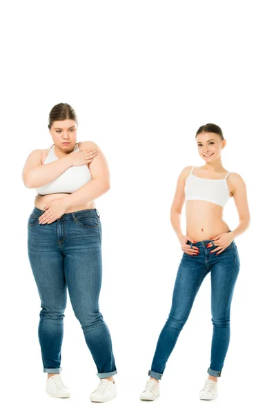 Traurige Übergewichtige Frau Bedeckt Körper Mit Händen Während Schlanke Glückliche — Stockfoto