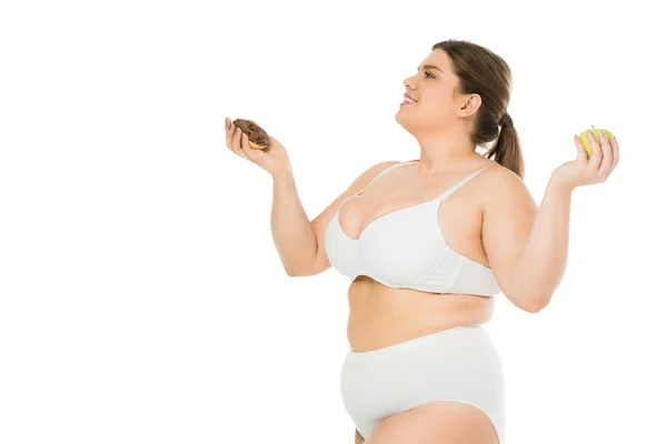 Smiling Young Overweight Woman Holding Doughnut Green Apple Isolated White — Stock Photo, Image