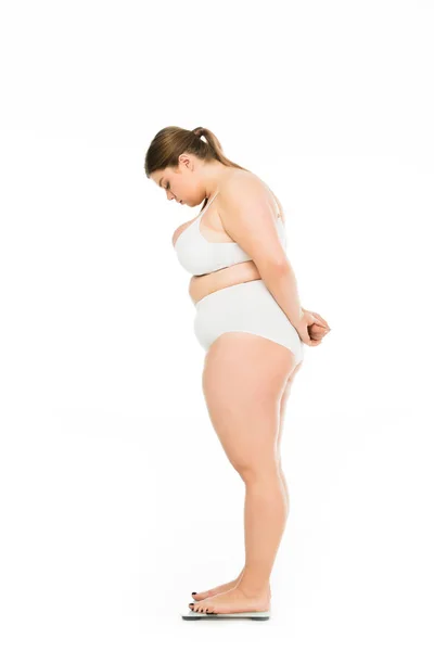 Side View Sad Young Overweight Woman Underwear Looking Scales Isolated — Stock Photo, Image