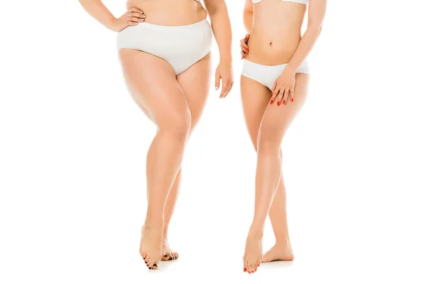 部分看法苗条和超重的妇女在内衣摆在一起隔绝在白色 身体正面概念 — 图库照片