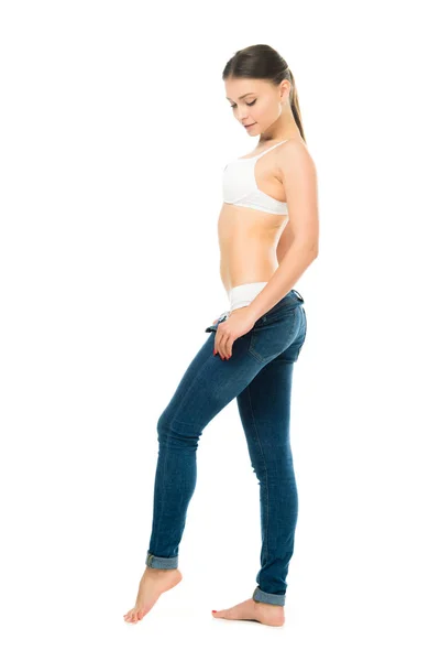 Vista Lateral Mujer Delgada Ropa Interior Quitándose Pantalones Vaqueros Azules — Foto de Stock