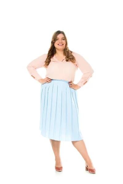 Smiling Happy Overweight Woman Elegant Clothing Posing Hands Hips Isolated — Stock Photo, Image