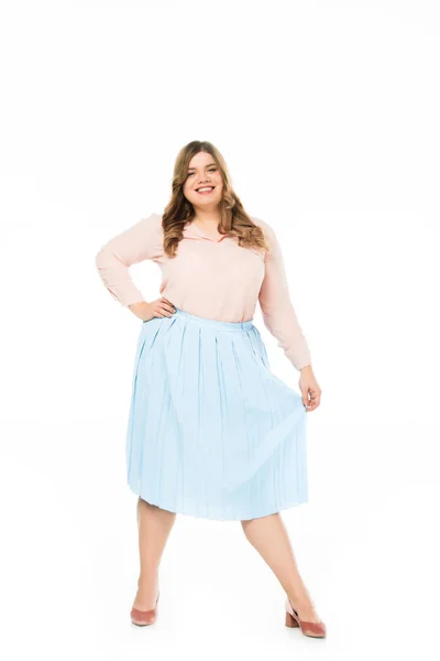 Happy Elegant Overweight Woman Holding Skirt Isolated White — Stock Photo, Image