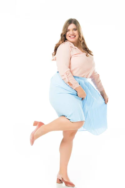 Feliz Sorrindo Elegante Mulher Com Sobrepeso Posando Isolado Branco — Fotografia de Stock