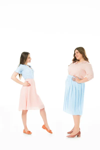 Smiling Elegant Overweight Slim Women Looking Each Other Isolated White — Stock Photo, Image