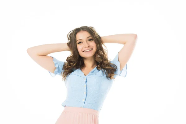 Pretty Smiling Girl Posing Hands Head Isolated White — Stock Photo, Image