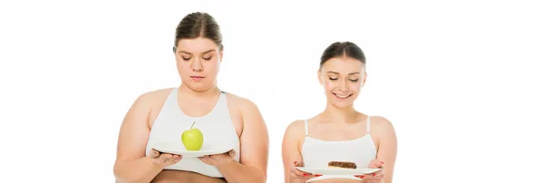 Happy Slim Sad Overweight Girls Holding Plates Doughnut Green Apple — Stock Photo, Image