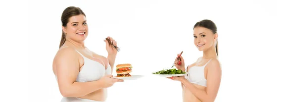 Overweight Smiling Woman Underwear Holding Burger Plate While Slim Happy — Stock Photo, Image