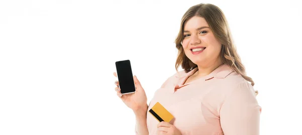 Smiling Elegant Size Woman Holding Smartphone Blank Screen Credit Card — Stock Photo, Image