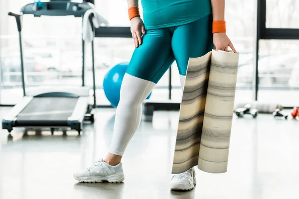 Cropped View Overweight Woman Holding Fitness Mat Gym — Stock Photo, Image