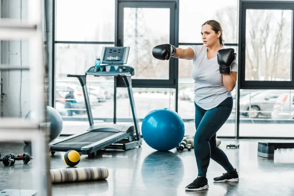 Serious Size Girl Wearing Boxing Gloves Practicing Kickboxing Sport Equipment — Stock Photo, Image