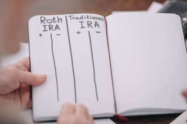 Kısmi defter ile roth Ira ve Geleneksel IRA kelime tutan üst düzey kadın görünümünü