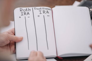 partial view of senior woman holding notebook with roth ira and traditional ira words clipart