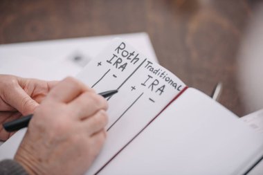 cropped view of senior woman writing in notebook with roth ira and traditional ira words clipart