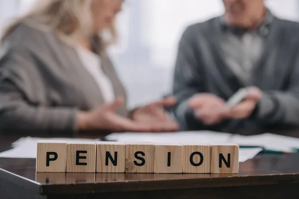 Selective Focus Word Pension Made Wooden Blocks Senior Couple Background — Stock Photo, Image